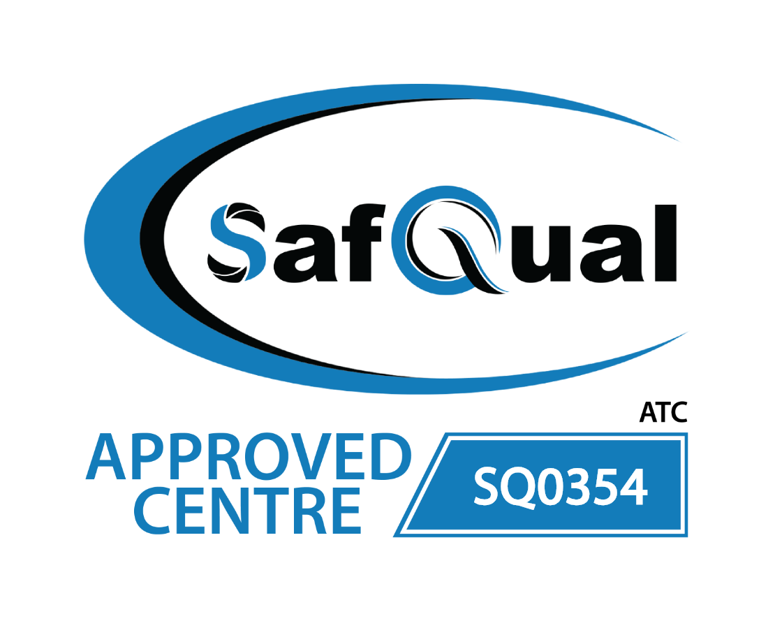 SafQual Approved Centre logo featuring a blue curved arc around the word SafQual and a SQ0354 badge.