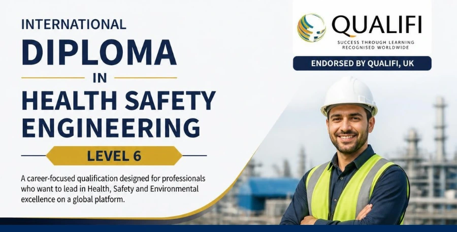 Promotional banner for International Diploma in Health Safety Engineering Level 6, featuring a smiling engineer in a safety vest and hard hat.